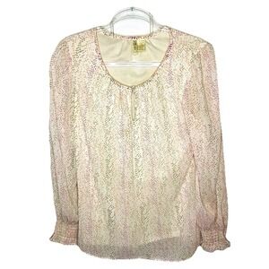 Japna Large Cream Pink Peach Dot Blouse Long Sleeve Keyhole Top Feminine